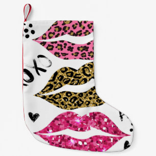 Glitter typography print with lips pattern small christmas stocking