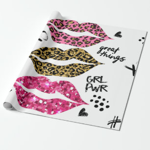 Glitter typography print with lips pattern wrapping paper