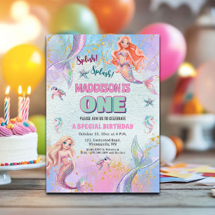 Glitter Under the Sea Mermaids 1st Birthday Party Invitation