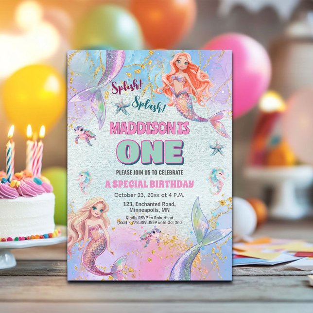 Glitter Under the Sea Mermaids 1st Birthday Party Invitation (Creator Uploaded)