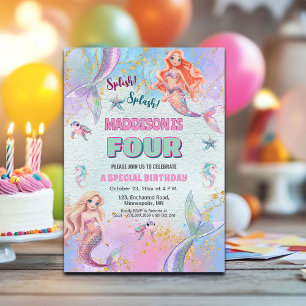 Glitter Under the Sea Mermaids 4th Birthday Party Invitation