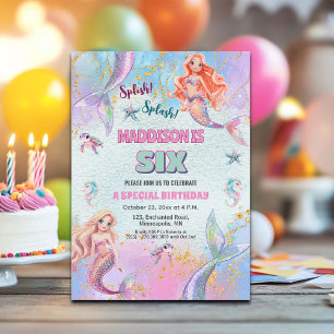 Glitter Under the Sea Mermaids 6th Birthday Party Invitation