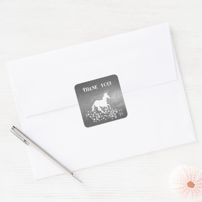 Glitter Unicorn and Stars Thank You | Silver Square Sticker (Envelope)