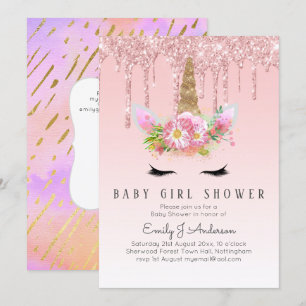 GLITTER UNICORN Baby GIRL Shower Pink Gold Invitation