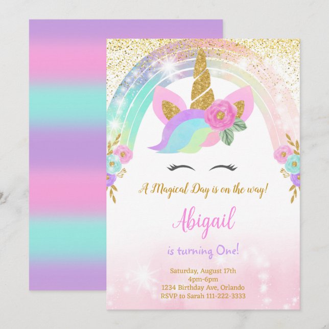 Glitter Unicorn Birthday Invite (Front/Back)