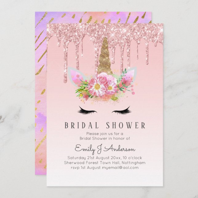 Glitter Unicorn BRIDAL SHOWER Pink Gold Dripping Invitation (Front/Back)