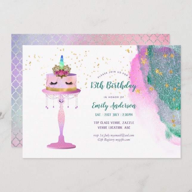 Glitter Unicorn Cake Pink Gold Foil 13th Birthday Invitation (Front/Back)