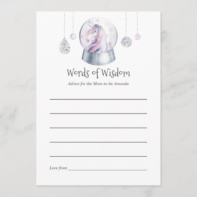 Glitter Unicorn Christmas Baby Shower Mum Advice Card (Front)