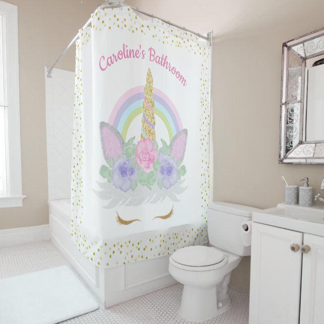 Glitter Unicorn Face Pastel Rainbow Girls Bathroom Shower Curtain (In Situ)
