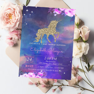 Glitter Unicorn Floral Watercolor  Baby Shower Invitation