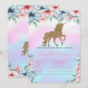 Glitter Unicorn Holographic Floral Baby Shower Invitation