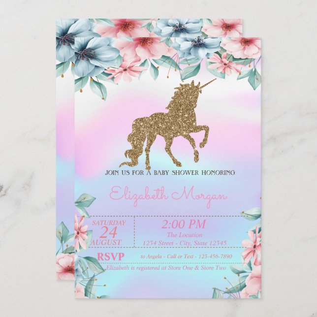 Glitter Unicorn Holographic Floral Baby Shower Invitation (Front/Back)