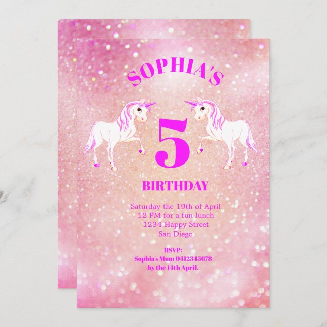 Glitter Unicorn Magical Pink Cute  Birthday Invitation (Front/Back)