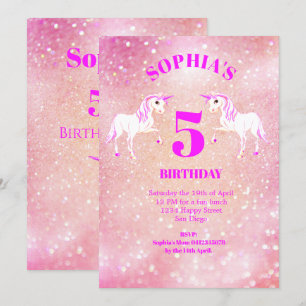 Glitter Unicorn Magical Pink Cute Birthday Invitation