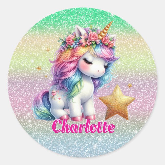 Glitter unicorn magical star  classic round sticker (Front)