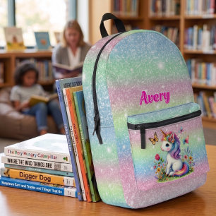 Glitter unicorn meadow flowers printed backpack