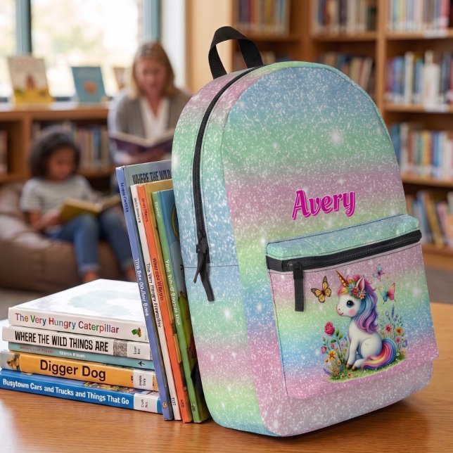 Glitter unicorn meadow flowers  printed backpack (Creator Uploaded)