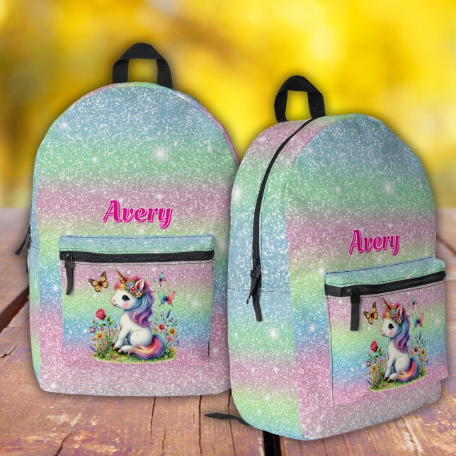 Glitter unicorn meadow flowers  printed backpack (Creator Uploaded)