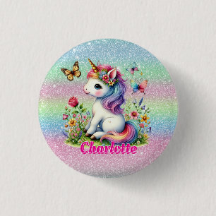 Glitter unicorn meadow wildflowers  3 cm round badge