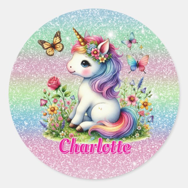 Glitter unicorn meadow wildflowers  classic round sticker (Front)