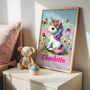Glitter unicorn meadow wildflowers poster