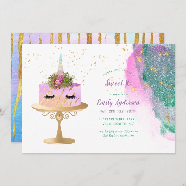 Glitter Unicorn Pink Gold Sweet 16 Trendy Girls Invitation (Front/Back)