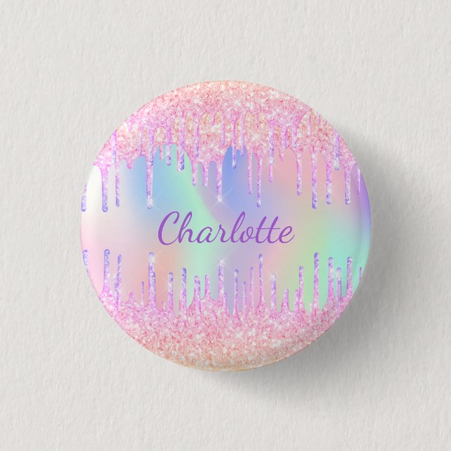 Glitter unicorn rainbow monogram name holographic 3 cm round badge (Front)
