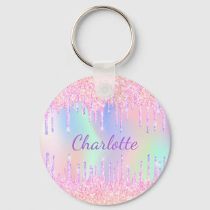 Glitter unicorn rainbow monogram name holographic  key ring