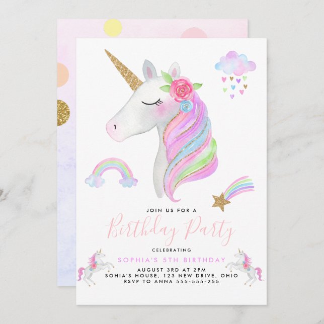 Glitter Unicorn Rainbow Pastel Birthday Girl Invitation (Front/Back)