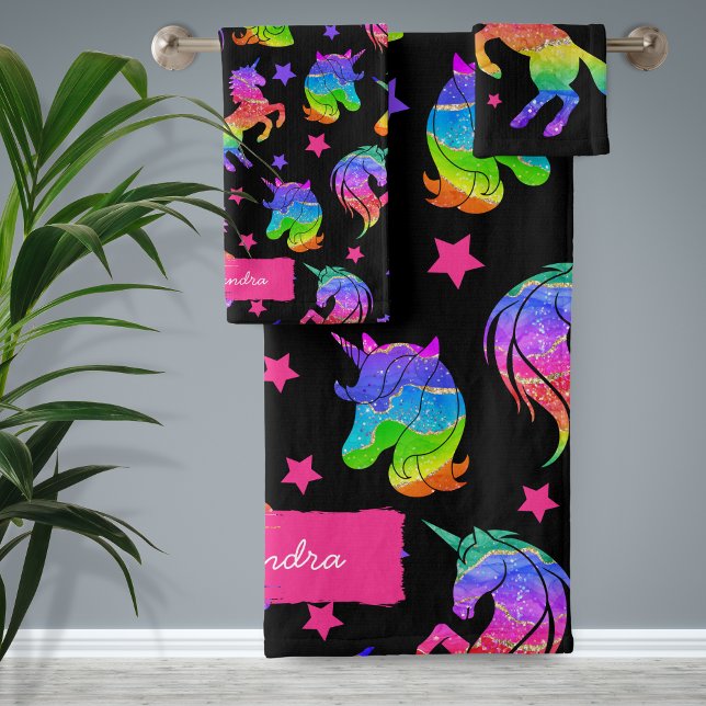 Glitter Unicorn Rainbow Pattern with First Name Bath Towel Set (Creator Uploaded)