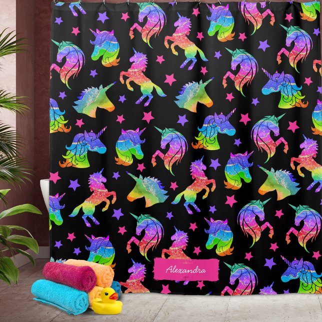 Glitter Unicorn Rainbow Pattern with First Name Shower Curtain (Creator Uploaded)