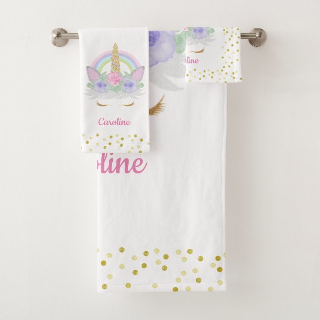 Glitter Unicorn Rainbow Pink Floral Girl's Name Bath Towel Set (Insitu)