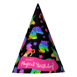 Glitter Unicorn Rainbow w/ Name Magical Birthday Party Hat