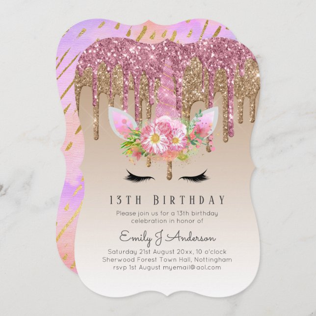 Glitter Unicorn Rose Gold Pink Dripping 13th Bday Invitation (Front/Back)