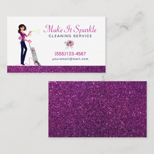 Glitter Watercolor Cartoon Maid Cleaning Service Business Card (Front/Back)