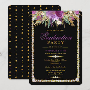 Glitter Watercolor Flowers Diamonds Grad Party Invitation