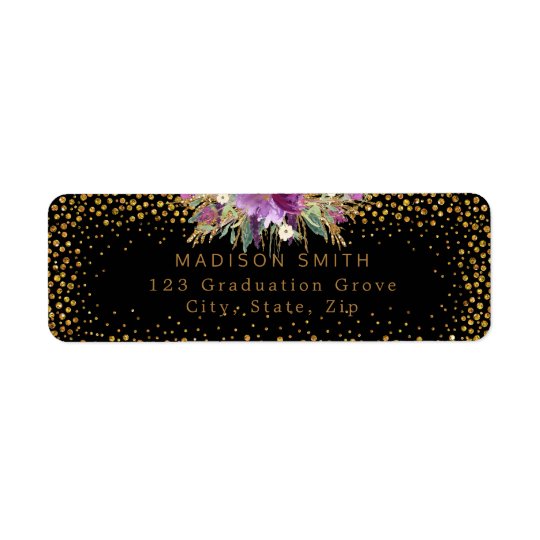 Glitter Watercolor Flowers Gold Confetti Black Return Address Label