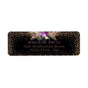 Glitter Watercolor Flowers Gold Confetti Black Return Address Label