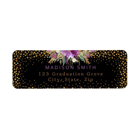 Glitter Watercolor Flowers Gold Confetti Black Return Address Label