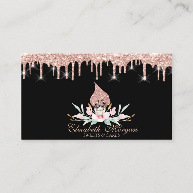 Glitter Whisk Flowers Rose Gold Drips Bakery Black Business Card (Front)