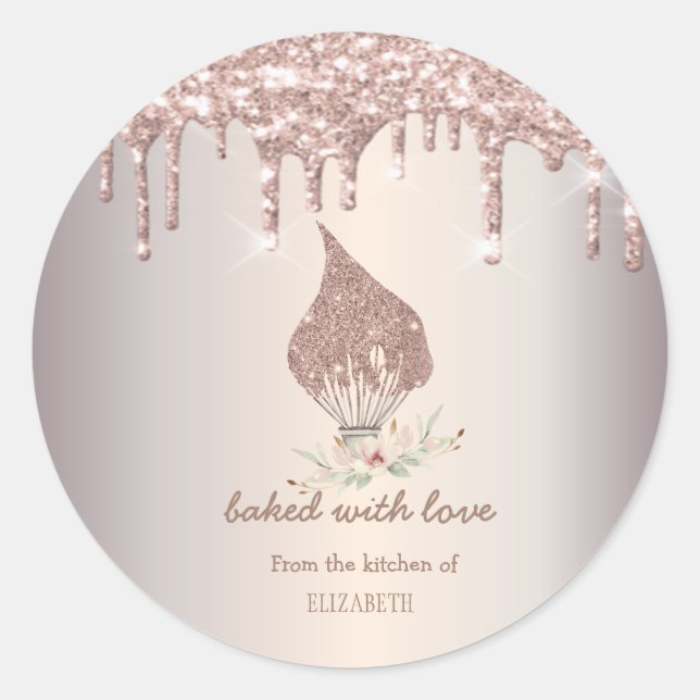 Glitter Whisk Rose Gold Glitter Drips Bakery    Classic Round Sticker (Front)