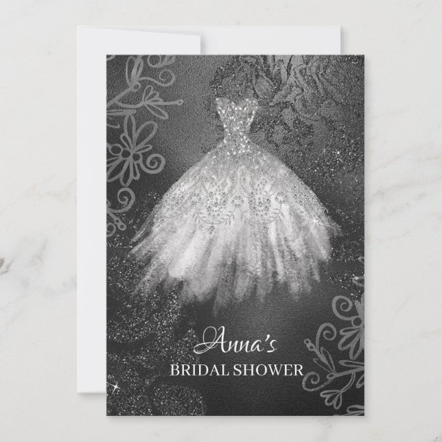 *~* Glitter White Bridal Dress Bridal Gown Shower Invitation (Front)