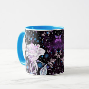 Glitter White Rose and Butterflies Coffee Mug
