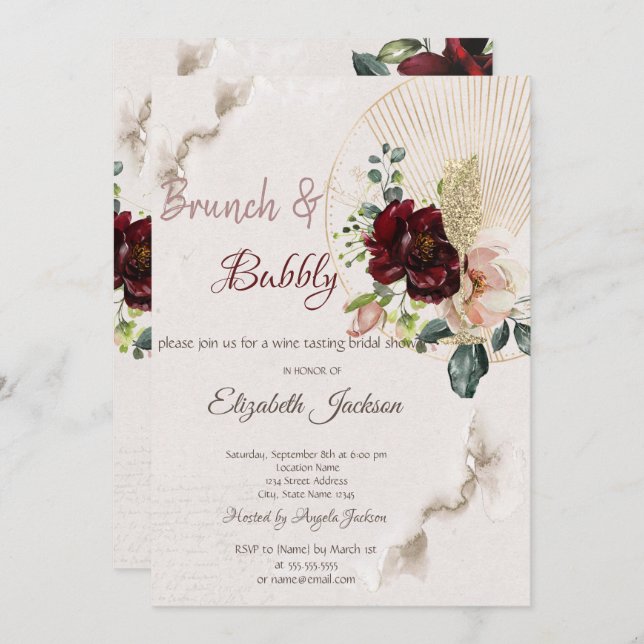 Glitter Wine Glass Burgundy Flower Bridal Shower   Invitation (Front/Back)