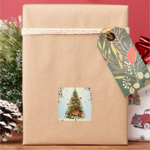 Glitter Winter Deer Forest Rose Floral Watercolor Square Sticker