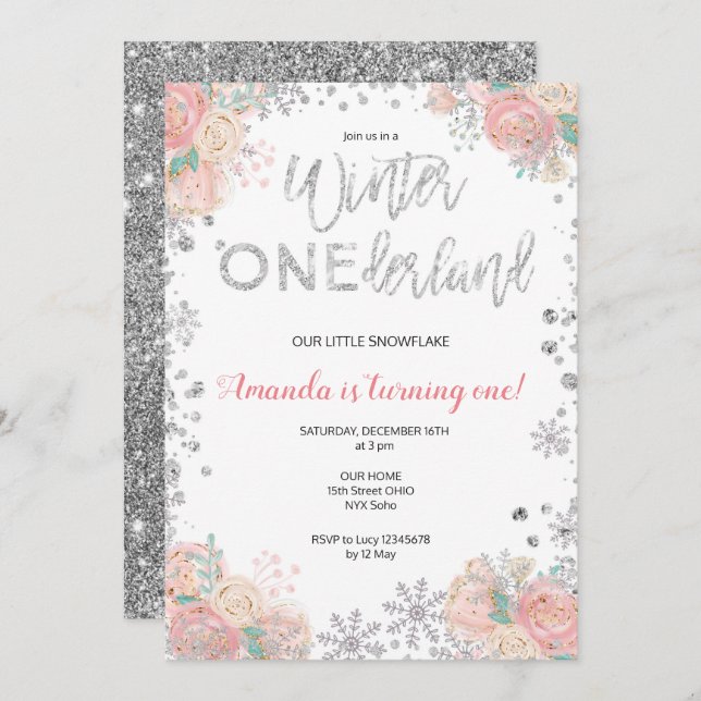 Glitter Winter ONEderland Snow Birthday Invite (Front/Back)