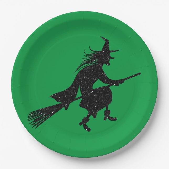 Glitter Witch Silhouette Halloween Paper Plate (Front)