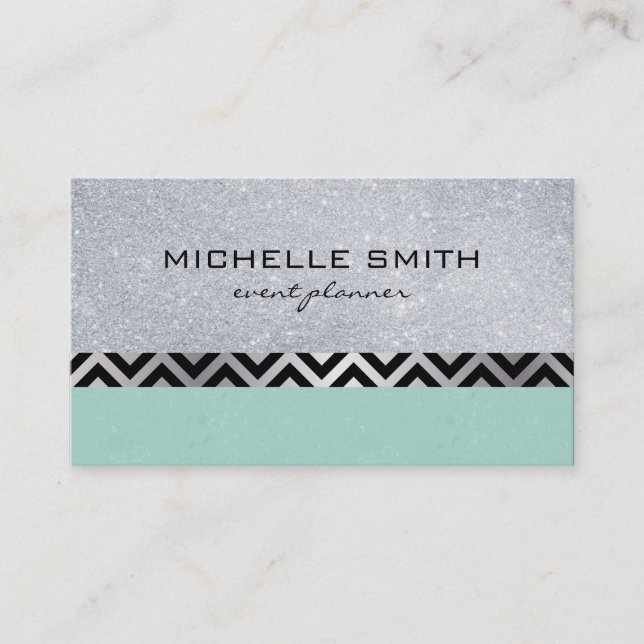 Glitter with Green Silver Chevron Pattern Business Card (Front)