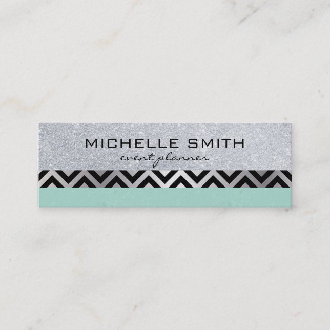 Glitter with Green Silver Chevron Pattern Mini Business Card (Front)