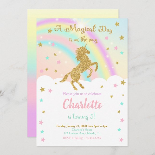 Glitter with Rainbow Unicorn Birthday Invitation (Front/Back)